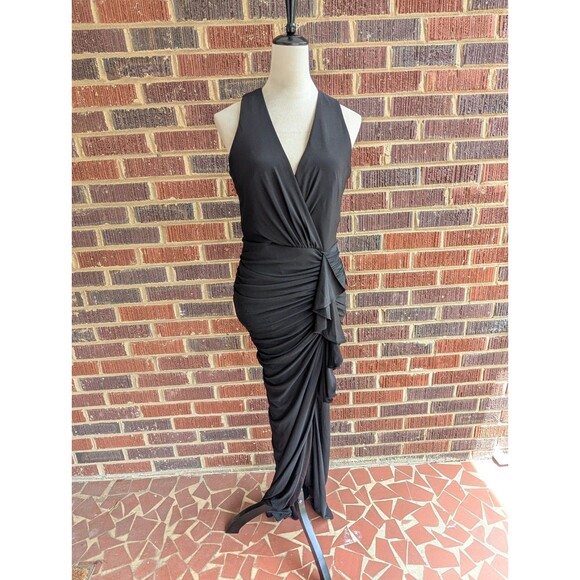 NWT*BETSY & ADAM WRAP GOWN DRESS-RUCHING-FRONT SLIT RUFFLE-V-NECK-BLACK-SZ 10 - Picture 2 of 13
